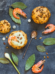 Savory gourmet soups served in bread bowl