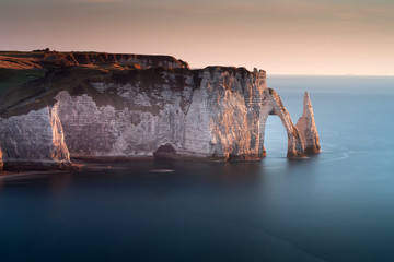The pointed formation called L'Aiguille or the Needle and Porte d'Aval at Etretat, a commune in the Seine-Maritime department in the Normandy region of north western France