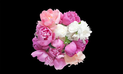 Bouquet peony flowers pink and red isolated on black background.