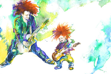Watercolor punk father and little boy playing on guitar. Hand drawn family on white background with splash. Painting children and fashion illustration in rock style. Happy fathers day