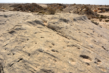 Rock outcrop with ancient dot carvings in Jebel Jassassiyeh in Northern Qatar.
