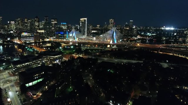 Aerial night footage of Zakim Bridge Boston
