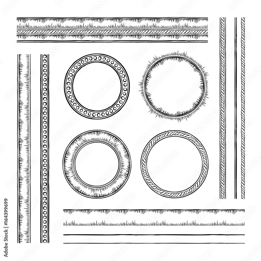 Aufkleber Set of round vector frames and borders. Rope and dotted designs. Collection of brushes to design frames, borders and dividers. The brushes included