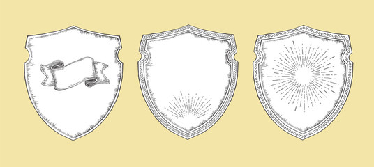 Heraldic shields. Vintage elements decorative set. Heraldic sign. Hand drawn Line art. Vector illustration.