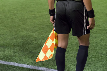 lines man referee black shirt  in pitch.