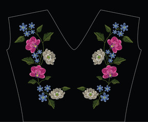 Fototapeta premium Embroidery stitches with orchid, magnolia and hepatica flower. Decoupage. Vector fashion ornament on black background for traditional floral decoration. Pattern for textile and fabrics.