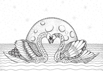 Fototapeta premium Two swans on water with moon and stars in background. Zentangle and stippled stylized vector illustration. Zen art. Adult anti-stress coloring book.