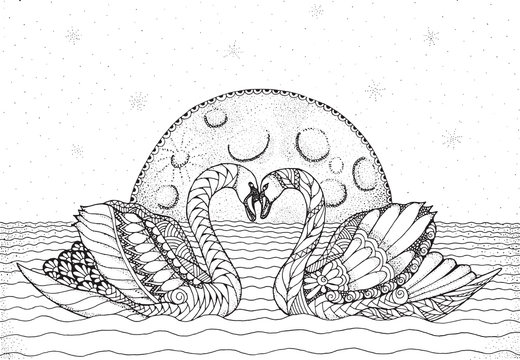 Two swans on water with moon and stars in background. Zentangle and stippled stylized vector illustration. Zen art. Adult anti-stress coloring book.