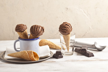 Fototapeta na wymiar Chocolate ice cream cones are together.