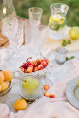 picnic, lifestyle, vegetarianism, celebration, wedding concept - still-life with tableware: plates, crystal globes, gravy boat full of cherries and jug of lemonade