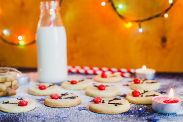 Christmas cookies, cookie cutters, bottle of milk and christmas tree on the blue wooden background 
