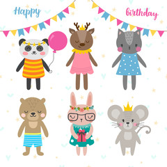 Birthday greeting card with funny cartoon animals. Cute background for children