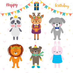 Birthday greeting card with funny cartoon animals. Cute background