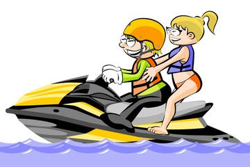 A man and a girl riding a water scooter - isolated on white