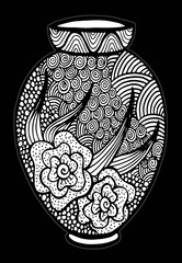 Beautiful black and white vase with floral decoration isolated