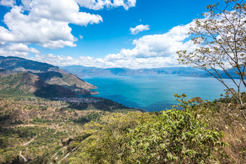 Viewpoint at lake Atitlan - view to the small villages San Marcos, Panajachel and San Marcos at the...