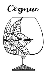Hand drawn cognac glass with calligraphy and flower illustration