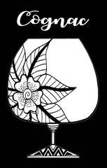 Hand drawn cognac glass with calligraphy and flower illustration