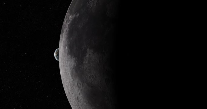 Earthrise, as seen from orbit above the moon's equator at 0 degrees longitude. Clip is reversible and can be rotated 180 degrees. Data: NASA/JPL/USGS
