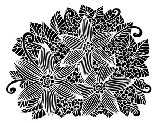 Doodle floral pattern in black and white. Page for coloring book: very interesting and relaxing job for children and adults. Zentangle drawing. Flower carpet in magic garden