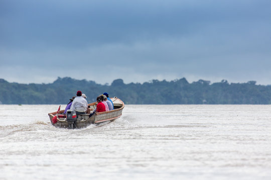 Touring the Amazon River in Peru in a Flat Bottomed Boat