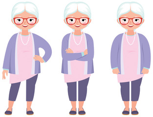 Fashionable gray haired mature woman with glasses in full length in different poses