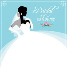Flyer or invitation for a bridal shower. Silhouette portrait of a bride in profile in a wedding dress and veil.