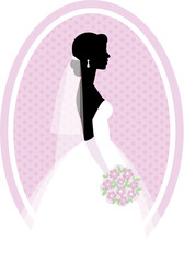 Silhouette portrait of the bride in profile with wedding dress and bouquet in hands