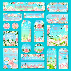 Flower gift tag and label set with summer bouquet