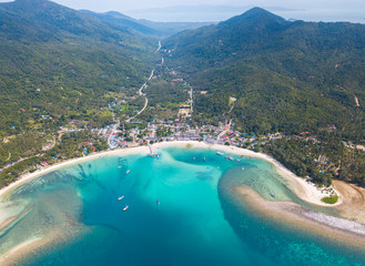 Chaloklum bay and Malibu beach aerial view from the drone, Phangan island, Thailand