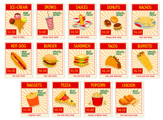 Vector fast food restaurant menu price cards