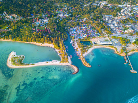Aerial view from the drone on the island koh Phangan,Thong Sala pier,the most important tourist destination