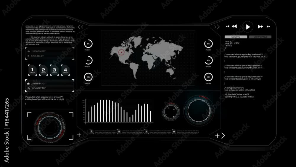 Poster 4k animation hud head up display interface code graph bar element for network cyber technology conce