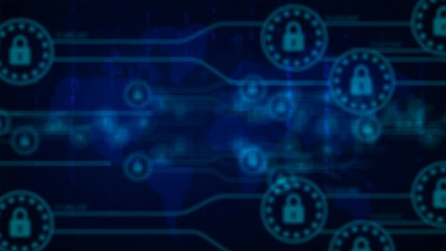 4K animation Security lock with loading connection line for futuristic cyber technology network safety and protection concept, with blur and shallow depth of field
