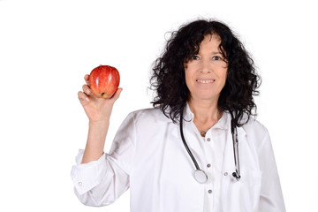 Female doctor with an apple.