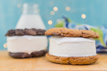 Chocolate Chip Cookie Ice Cream Sandwich in Foreground