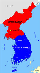 North and South Korea political color map, national borders, important cities. English labeling. Illustration