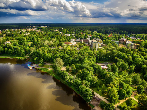 Lithuania, Baltic States: aerial UAV view of Druskininkai, a spa town on the Nemunas river
