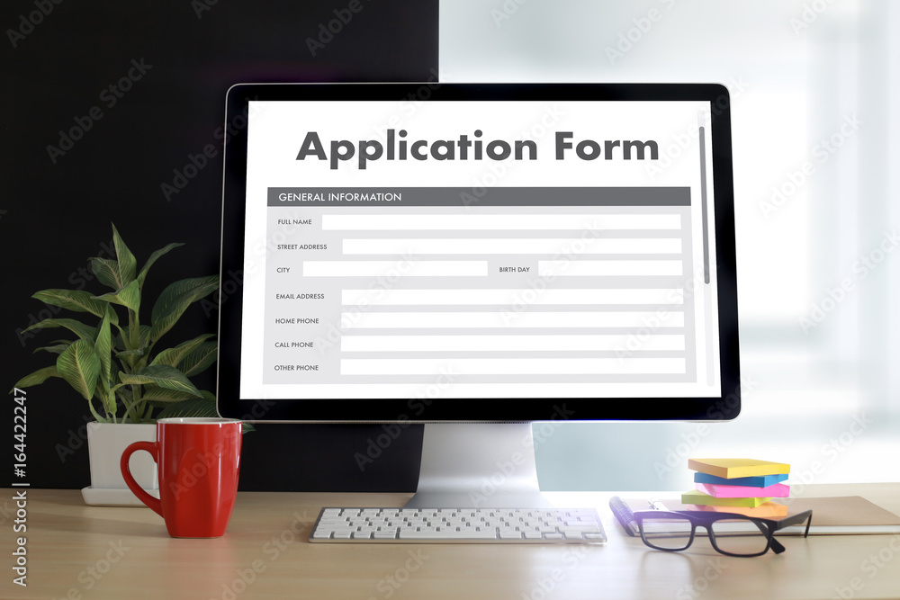 Aufkleber business man working on laptop computer use online web job application form moniter