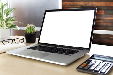 young man working Businessman using a desktop computer of the blank screen