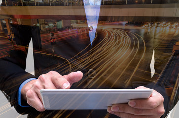 Double exposure of businessman has working with long exposure.