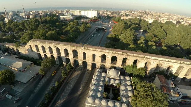 Aerial view. Aqueduct of Valente in Istanbul. Bozdojan Kemeri. Roman bridge. Turkey. Shot in 4K (ultra-high definition (UHD)).
