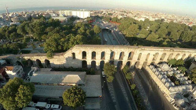Aerial view. Aqueduct of Valente in Istanbul. Bozdojan Kemeri. Roman bridge. Turkey. Shot in 4K (ultra-high definition (UHD)).
