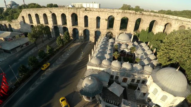 Aerial view. Aqueduct of Valente in Istanbul. Bozdojan Kemeri. Roman bridge. Turkey. Shot in 4K (ultra-high definition (UHD)).
