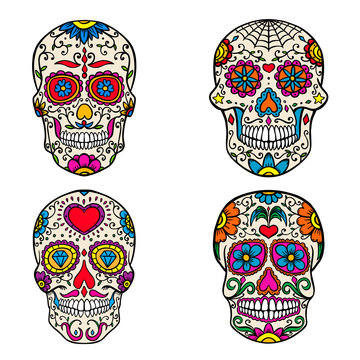Set of sugar skulls isolated on white  background. Day of the dead. Dia de los muertos. Vector illustration