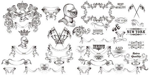 Big collection of vector heraldic elements and flourishes for design