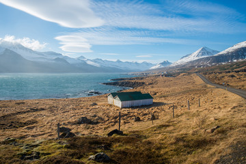 The landscape of Stodvarfjordur town in east fjord of east Iceland.