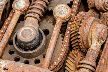 grunge rusty metal components of industrial machine. old machinery parts.