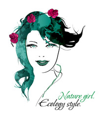 Sketch. Nature girl. Ecology style. Beauty girl face on a white background