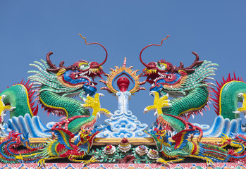 Chinese dragon statue on Chinese temple roof.
